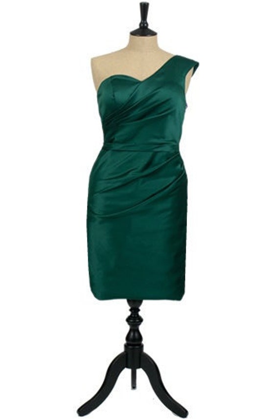 Emerald Green Satin Wiggle Dress, One Shoulder Midi, UK Size 10