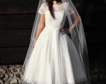 Trouwjurk in jaren 50-stijl, kanten tule met stippen, retro bruidsjurk, maat 10