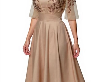 Champagne Crepe A-line Dress, Bronze Beading, Mother of the Bride