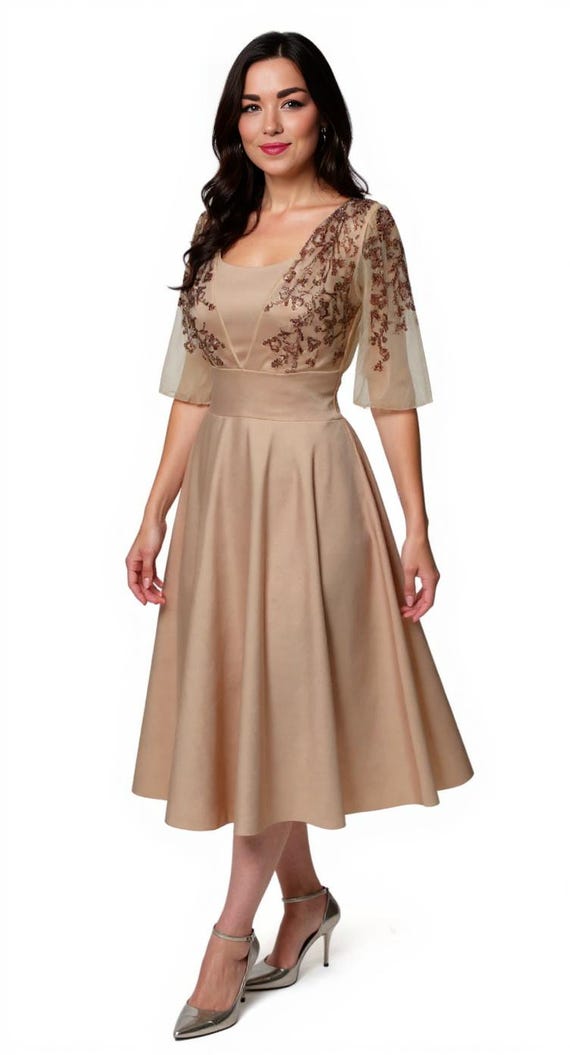 mac duggal knee length dress Mac Duggal - Beige 3/4 Sleeve Beaded Trim Patch Pocket Tweed Midi Dress main image 1