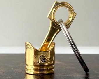 Engine Piston Gold Keychain | Car Lover Gift | Metal Automotive Keyring | Mechanic Gift | Handmade Style Garage Accessory