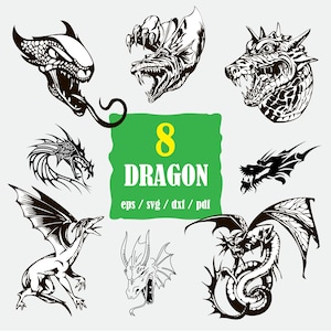 Dragon SVG, Dragon PNG, Cut dragon DXF, tatouage dxf, bundle dragon svg, ensemble dragon vectoriel, dragon Silhouette, clipart dragon, fichier de contour