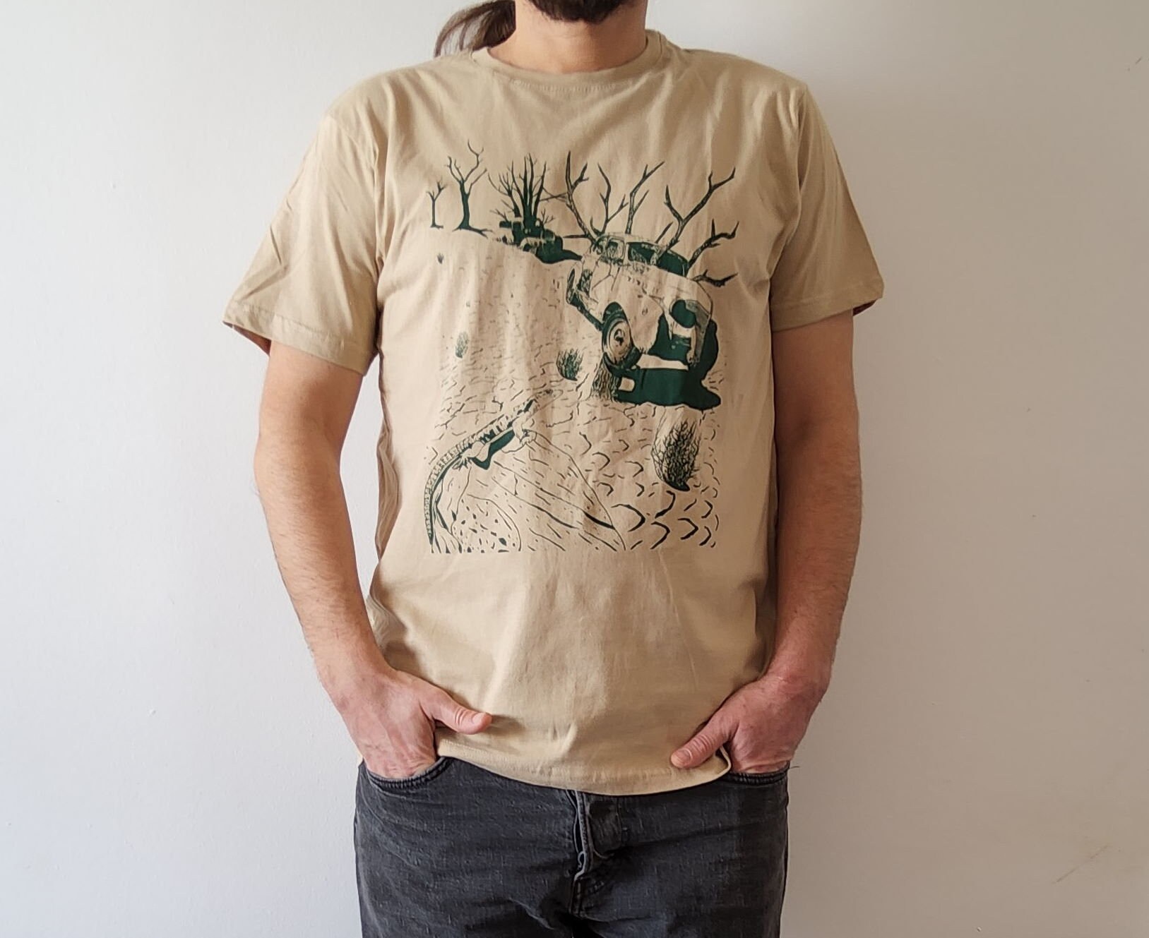 Tree T-shirt With Hand-printed Original B&C Etsy 100% Sand T-shirt, - Cotton, Color Crew Design, Sleeve Neck, Short