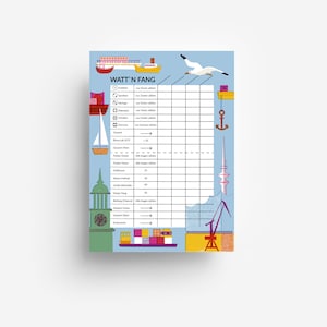 Könnte beinhalten: Ein farbenfrohes Diagramm mit dem Titel "Watt'n Fang" mit einem Raster aus Kästchen und Pfeilen. Das Diagramm listet verschiedene Fischarten und deren entsprechende Größen in Zentimetern auf. Das Diagramm ist mit verschiedenen nautischen Bildern illustriert, darunter ein Segelboot, eine Möwe, ein Leuchtturm und ein Kran.