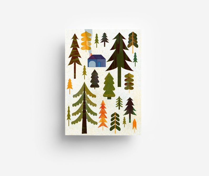May include: A colourful illustration of a small blue house surrounded by green and brown trees. The trees are different sizes and shapes, and some have orange leaves.