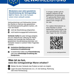 Pode incluir: Um documento informativo intitulado GESETZLICHE GEW&Auml;HRLEISTUNG com um cabe&ccedil;alho azul apresentando um escudo e estrelas. Detalha os direitos do consumidor na Uni&atilde;o Europeia, inclui um c&oacute;digo QR e explica os procedimentos de garantia legal.