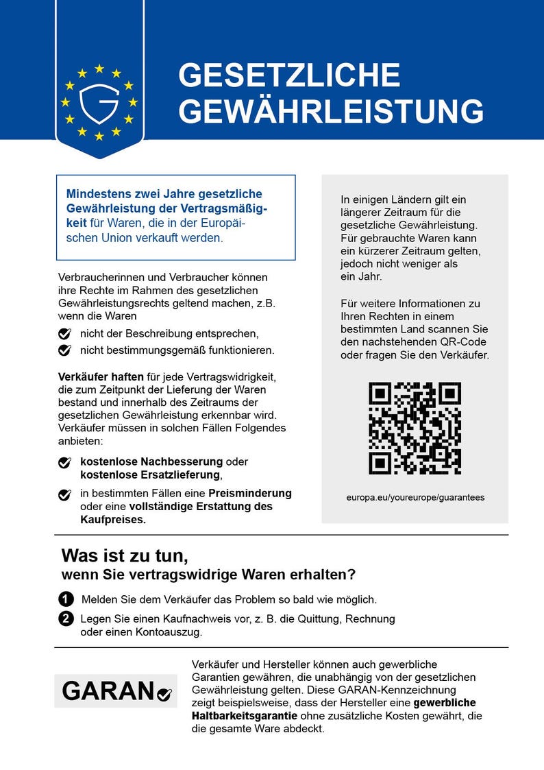 Pode incluir: Um documento informativo intitulado GESETZLICHE GEW&Auml;HRLEISTUNG com um cabe&ccedil;alho azul apresentando um escudo e estrelas. Detalha os direitos do consumidor na Uni&atilde;o Europeia, inclui um c&oacute;digo QR e explica os procedimentos de garantia legal.