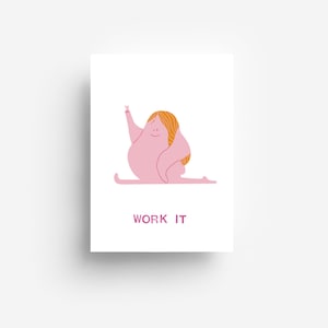 Pode incluir: Um cartão de felicitações retangular branco com uma personagem de desenho animado cor-de-rosa de cabelo cor de laranja a fazer um espargata e a mostrar o sinal de paz. O texto "WORK IT" está impresso em maiúsculas cor-de-rosa.