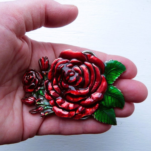 SISKIYOU white iron belt buckle/ENAMELED red ROSES/Unisex floral belt, Vintage 1993 signed