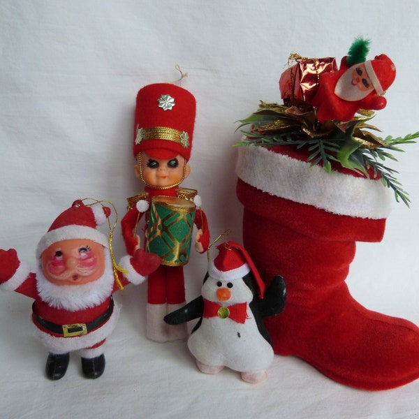 Lot 4 Ornements Noël floqués feutrine/Botte Père Noël Enfant au tambour Pingouin/Déco sapin/Vintage 1950-60s