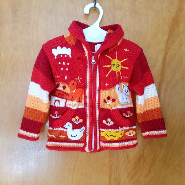 Cardigan tricot acrylique rouge 2 ans/Bébé enfant unisexe/Fait main au Pérou/Vintage d'occasion