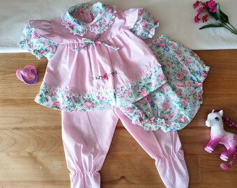 3 pcs baby girl set 0-14 LBS/PINK floral printed cotton polyester dress/Vintage made in the Philippines 1980s NEW