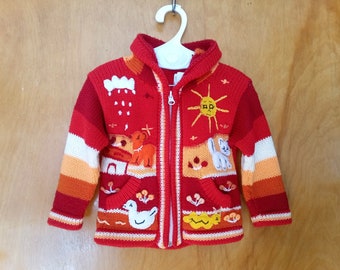 Cardigan tricot acrylique rouge 2 ans/Bébé enfant unisexe/Fait main au Pérou/Vintage d'occasion