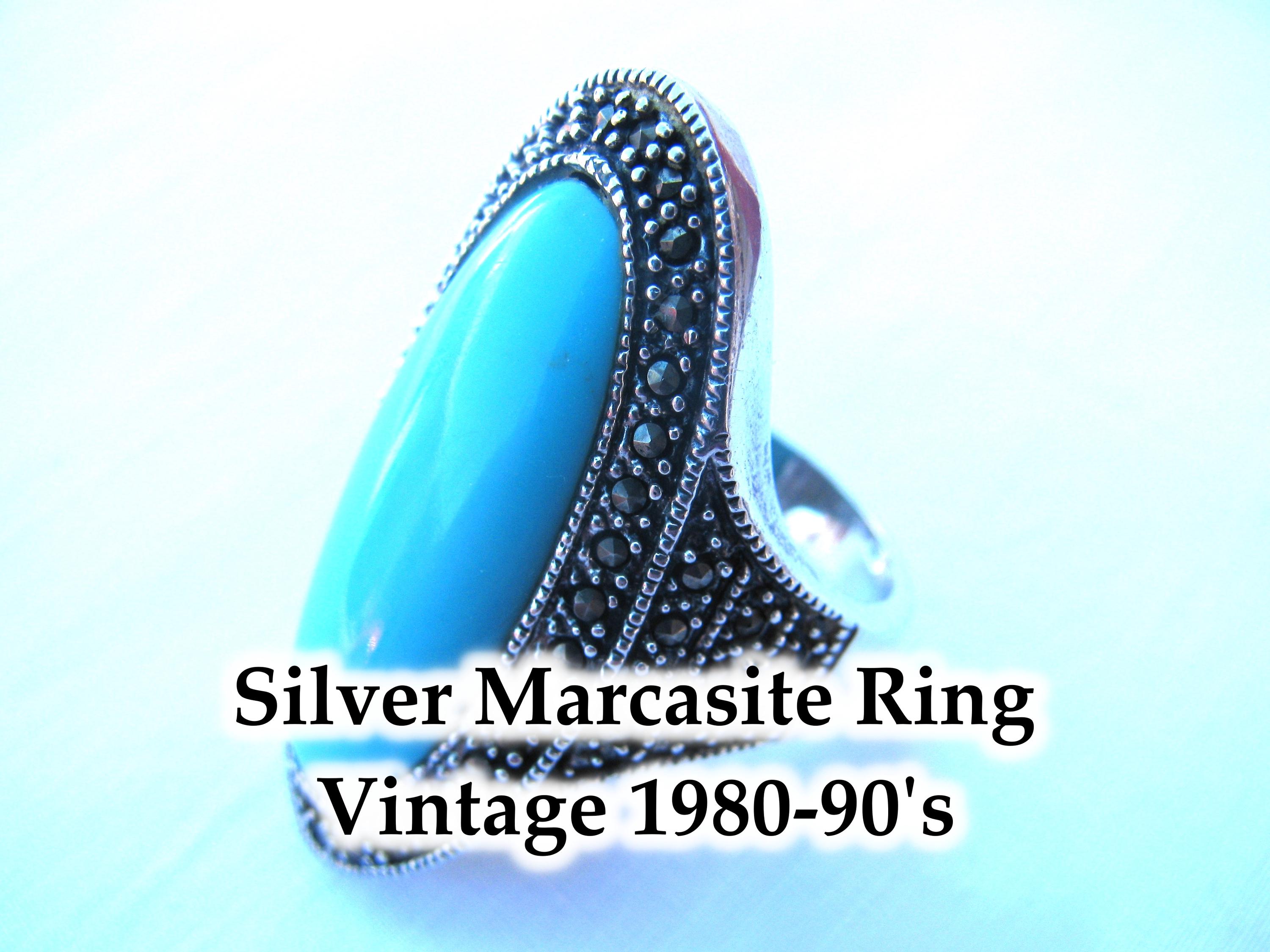 Bague En Argent Sterling Avec Turquoise - Style Années 80/90 - Taille 53 - Modèle Ajouré
