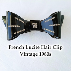 Schwarze Haarspange aus Acrylglas mit Schleife, 12,7 cm (5 Zoll) Durchmesser, 3D-Design, große Acryl-Haarspange, Vintage 1980er Jahre, Frankreich, SELTEN