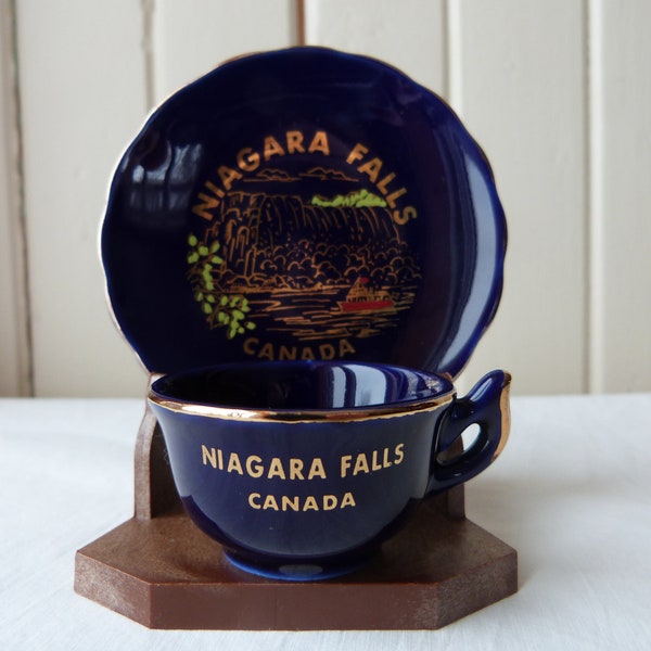 MINIATURE tasse soucoupe NIAGARA FALLS Canada porcelaine bleu cobalt/Collection vintage 1960-1970 Japon