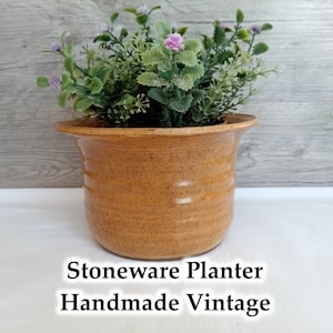 Brown speckled tan stoneware planter/Ribbed beige planter/Handmade art pottery Canada signed