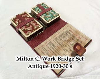 Milton C. Work Double Deck Playing Cards Bridge Set in Leather Case - Antique 1920-30&#39;s
