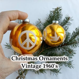Blown glass ball ornaments Peace and Love, Hand painted peace symbol dove decoration, Retro collection, Vintage USA 1960