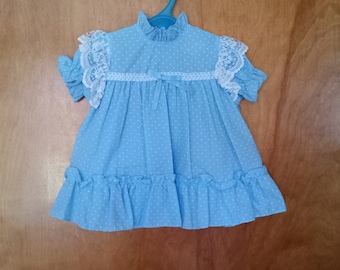 Baby girl summer dress 18 months/Blue polyester cotton with white polka dots/Claire Bell made in Canada/Vintage NEW