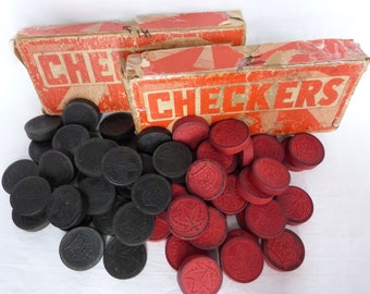 58 wooden checkers crown & maple leaf/29 red and 29 black/Original boxes/Antique 1930's Made in Canada/Very rare