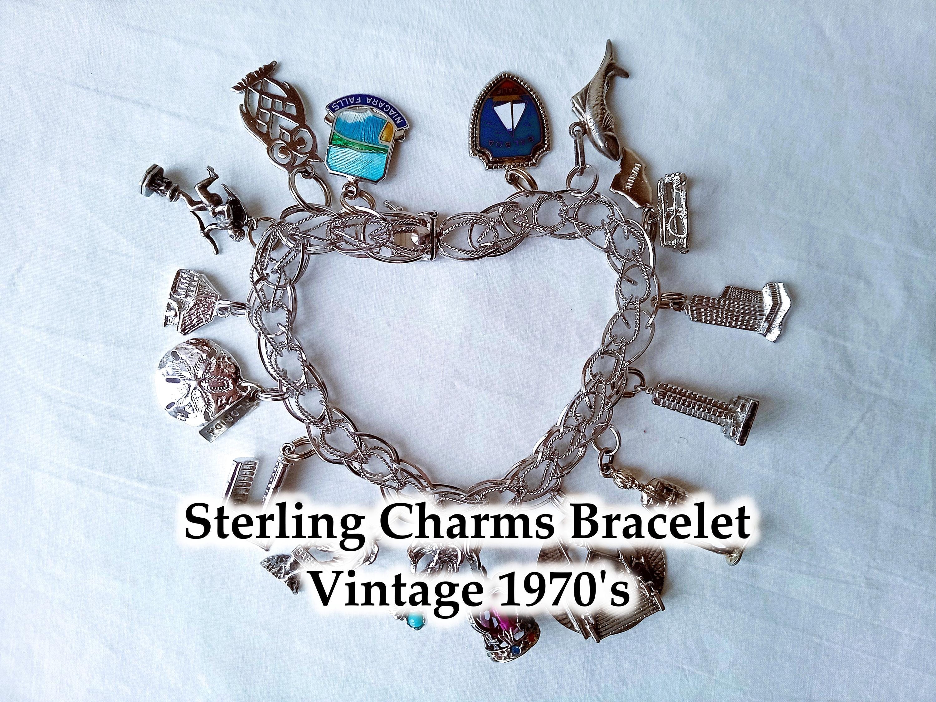 Bracelet Vintage En Métal Argenté Avec 7 Cabochons D'améthyste - Années 1970 - Occasion