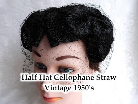 Black Cellophane STRAW Half Hat With VEILING for Women  display picture 3
