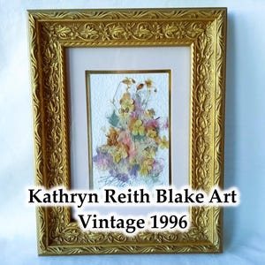 Moldura com flores secas de Kathryn Reith Blake, obra de arte botânica artesanal assinada, vintage canadense de 1996.