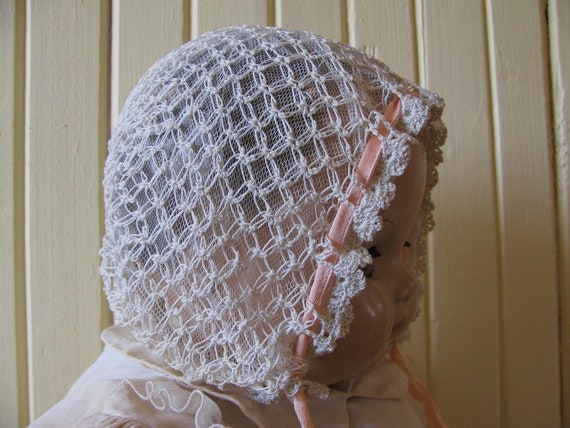 Antique hand crocheted baby hat - Ecru natural co… - image 2