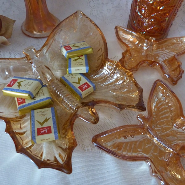 Lot butterflies glass Carnival Marigold/Flat candy party set vintage/Jeannette Glass 1940s antique