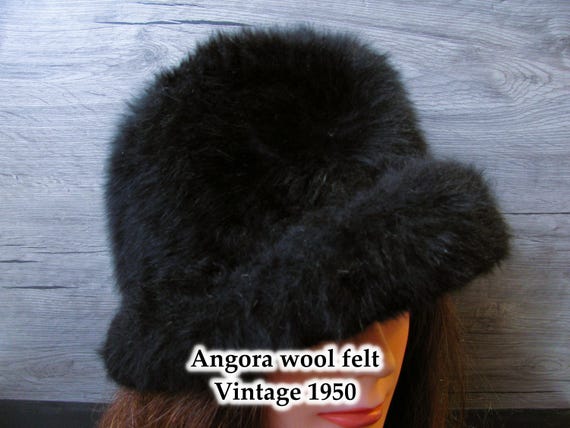 Vintage Black Wool Cloche Fuzzy Hat Women 1920s 100% Wool Vintage Cloche Bucket Winter Hat with  main image 4
