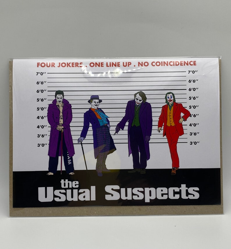May include: Four Joker characters from the movie "The Usual Suspects" are lined up in a police lineup. Each character is wearing a different costume and is standing in front of a height chart. The text "FOUR JOKERS. ONE LINE UP. NO COINCIDENCE" is at the top of the image. The text "the Usual Suspects" is at the bottom of the image.