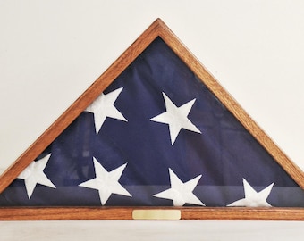 Handcrafted Oak American Flag Display Case, USA Custom Engraved Brass Tag, Veteran, Retirement, or in Memorial Gift, Made in USA, 2 sizes