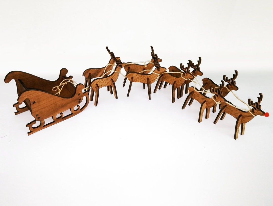 Wooden Engraved Reindeer and Sleigh, Wooden Santa Sleigh Set, Rudolph