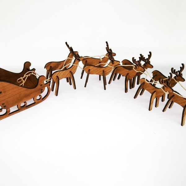 Wooden Engraved Reindeer and Sleigh, wooden santa sleigh set, rudolph christmas decorations, farmhouse christmas decorations, santa sleigh