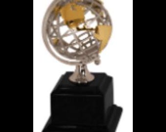 Gold and Silver Globe Trophy, 8 3/4" tall with Black Piano Finish Base, Executive Award, Team Recognition