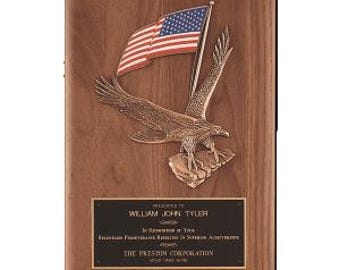 Plaque with Eagle and American Flag Casting, 8" x 10-1/2", Engravable Brass Plate, for Military, Veterans, Academics