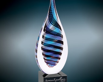 Handmade Blown Glass Twisted Rain Drop Award with Custom Engraving Award with Custom Engraving, Award, Recognition, Trophies, Regional Award