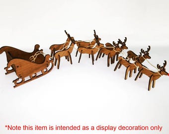Engraved Wooden Reindeer & Santa Sleigh Set * Christmas Tabletop Decor \ Rudolph Holiday Decoration \ Tabletop Centerpiece \ Holiday Gift \