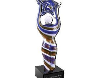 Artglass Figure with Star, 12" Tall Statue, Person Lifting Star Corporate Award, Blue and Gold Intertwined Swirls, Art Sculpture