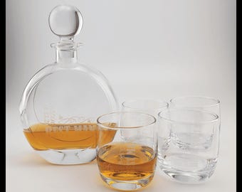 Polar Camel 750 mL Flat Round Glass Decanter Set with Four 10 oz. Rocks Glasses in Black Gift Box, Corporate Sponsor Gift Set
