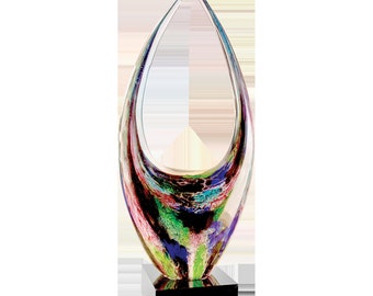 16 3/4" Dual Rising Art Glass with Square Black Base, Iridescent Handblown Glass Sculpture or Trophy, Art or Corporate Award