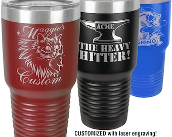 Vacuum insulated 30 oz tumbler with clear lid. Fully customizable with laser engraving.