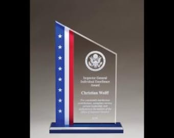 Acrylic Award Plaque with American Flag Design, Blue Mirror Top Blue Base, Multiple Sizes Available, Customizable Text and Art