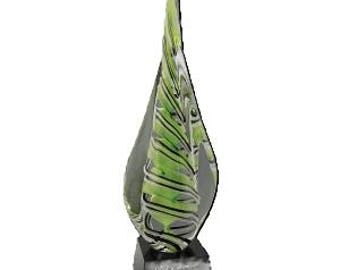 Art Glass Award, Twisted Spire with Green and Black Stripes, 17.5" Tall, Art Nouveau Sculpture, Entwined Colors