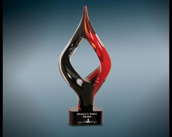 Elegant Red Black Glass Flame Award | Abstract Art Trophy | Personalized Engraved Gift | Achievement, Celebration, Recognition