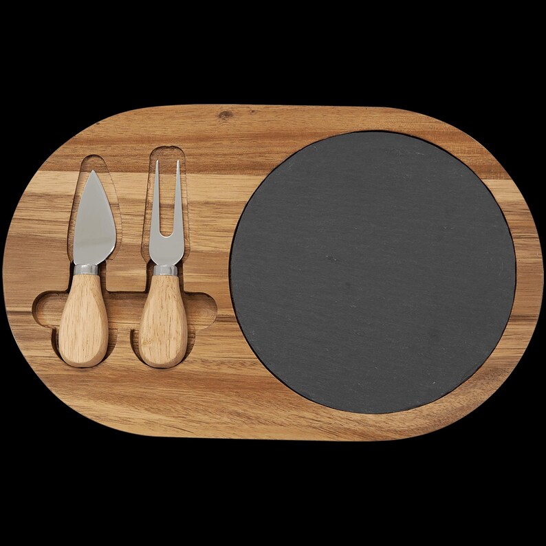 Acacia Wood & Slate Oval Cheese Set With Tools- Custom Serving Board ...