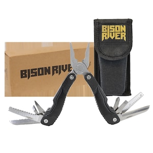 May include: Black multi-tool pliers with a variety of tools, including a saw, knife, and screwdriver. The multi-tool is open and the tools are visible. The multi-tool is packaged in a brown box with the words "BISON RIVER" printed on it. The multi-tool also comes with a black nylon pouch with the words "BISON RIVER" printed on it in yellow.
