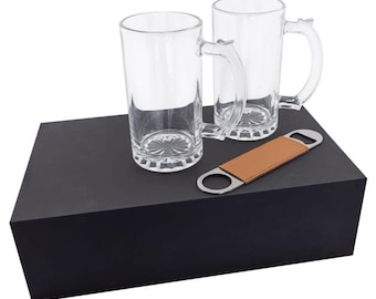 Beer Mug Set, Two 14 oz. Mugs and One Rawhide Laserable Leatherette Bottle Opener, Personalized, Customized,