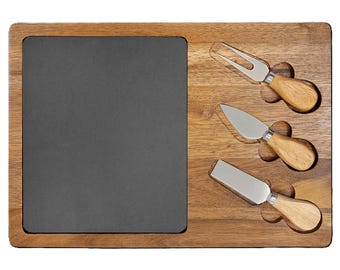 Acacia Wood & Slate Oval Cheese Set with Tools- Custom Serving Board, Slate Cheese Tray, Entertaining Gift, Personalized Kitchen Charcuterie